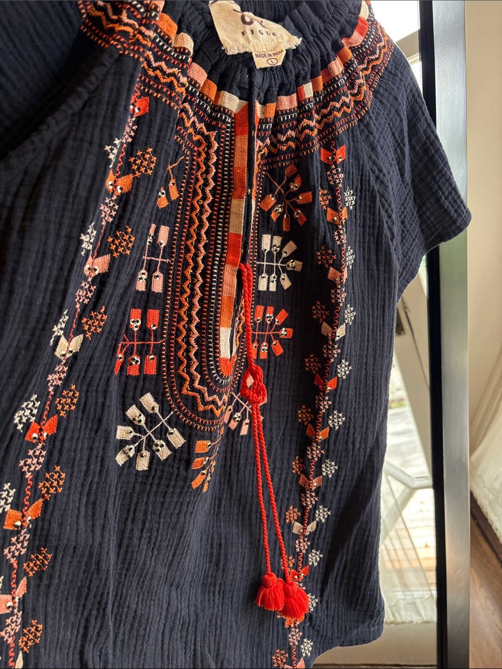Navy Embroidered Peasant Blouse with Coral Accents - Picture 4 of 6